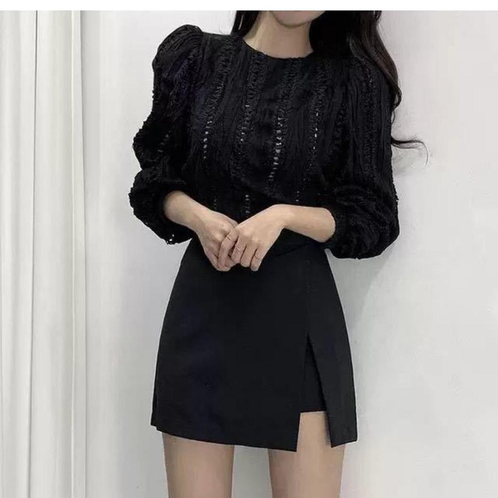 Women's Black High-Waist A-Line Summer Skirt with Slit - Slim Korean Style