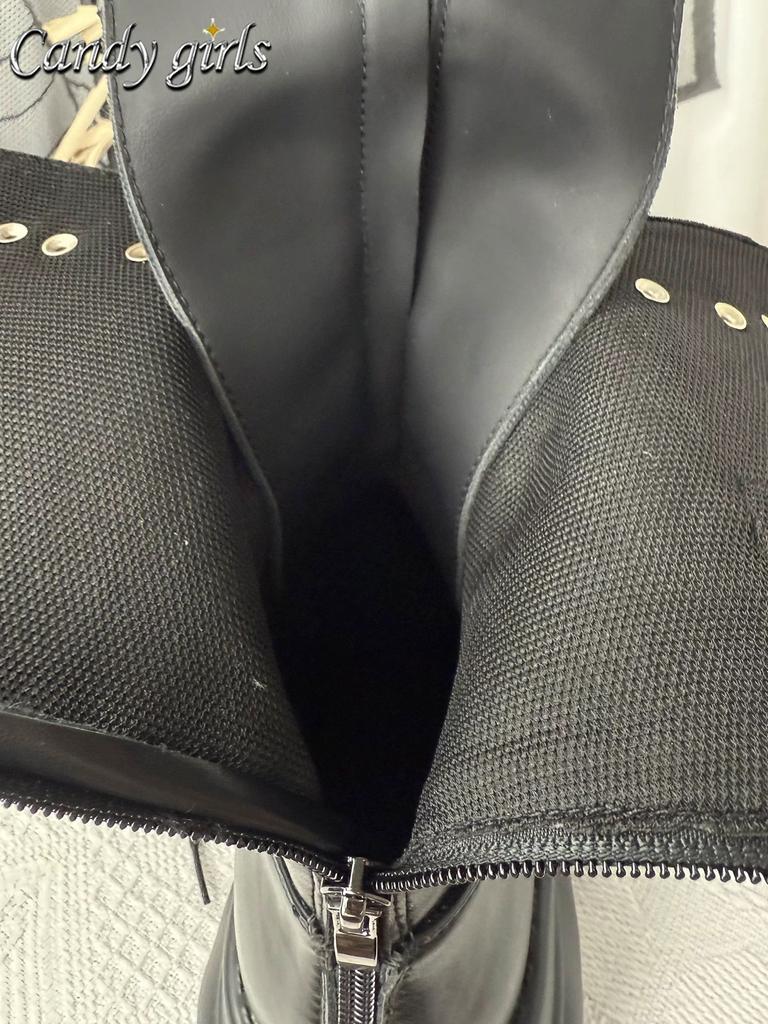 Gothic Schwarze Plateau Mid-Calf Stiefel für Damen Klobiger Absatz Schnürung Schnallendesign Seitenreißverschluss Edgy Punk Stil Damenstiefel