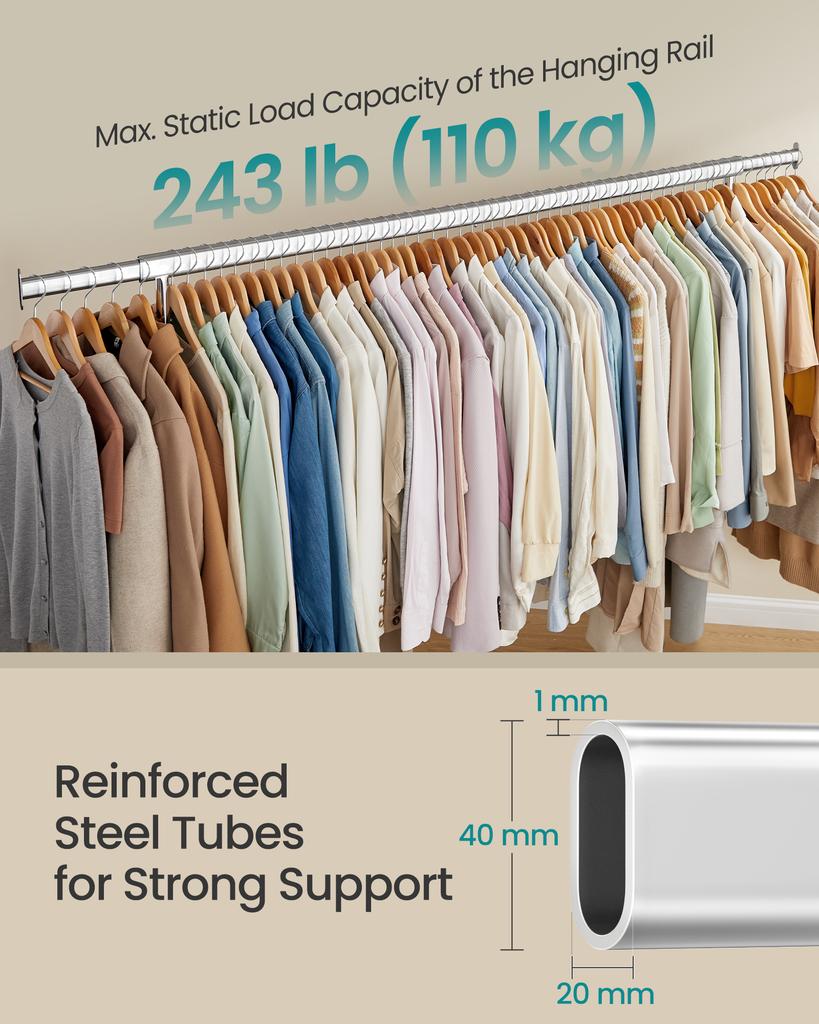 SONGMICS Clothes Rack on Wheels, Heavy-Duty Clothes Rail, with Extendable Hanging Rail, 110 kg Load Capacity, 45 x (160-200) x 162.9 cm