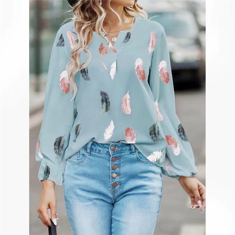 New European And American Women's V-neck Feather Print Long-sleeved Loose T-shirt Large Size Casual All-match Top
