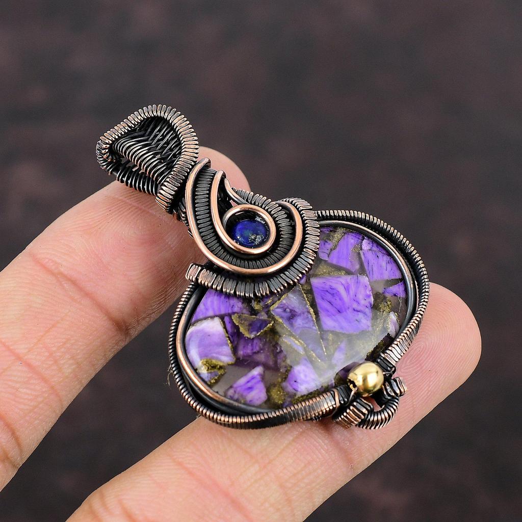 Pendentif en Charoïte de Cuivre Pendentif en Fil de Cuivre Enroulé Bijoux en Pierres Précieuses Pendentif Fait Main Pendentif Lapis Lazuli Beaux Bijoux en Cuivre Pour Cadeau