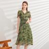 French Elegant V-neck Floral Dress for Women's Summer Collection, Waist Cinching, Bubble Sleeves, Vacation Tea Break Dress