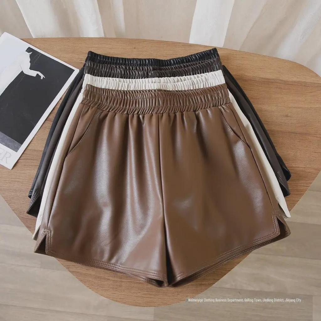 Women's Black PU Leather Wide-Leg A-Line Pants: High-Waisted, Slim-Fit, Autumn/Winter Casual Outerwear