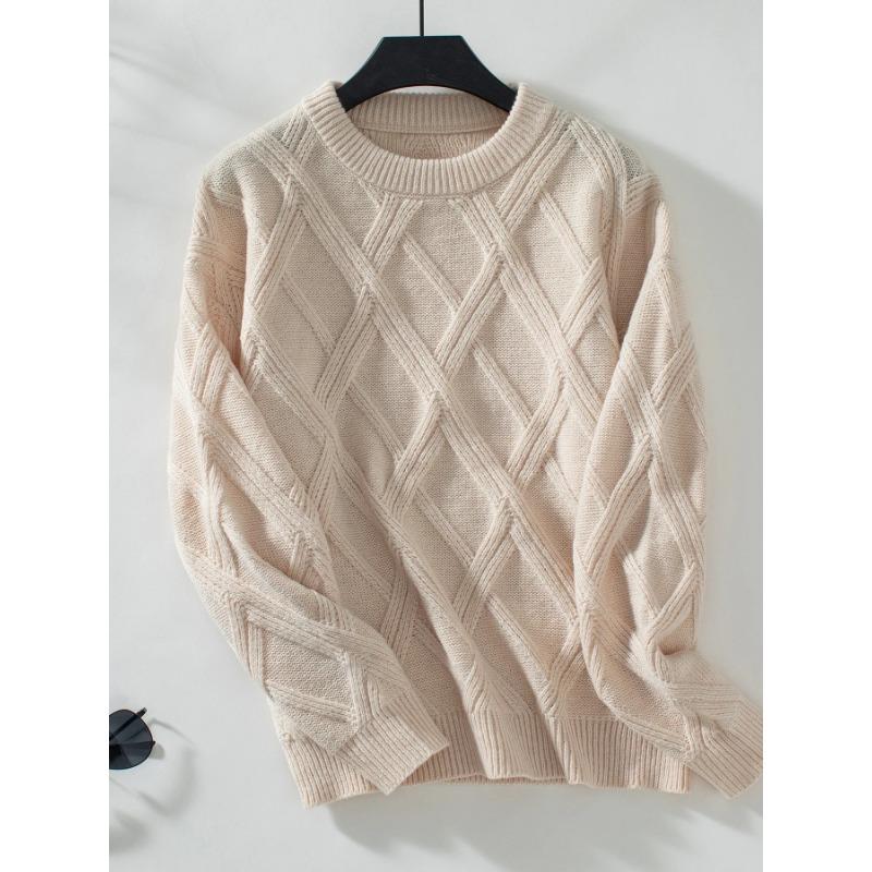 

Осень и зима новый однотонный трикотажный свитер с круглым вырезом и ромбами для женщин 2024 S абрикосовый