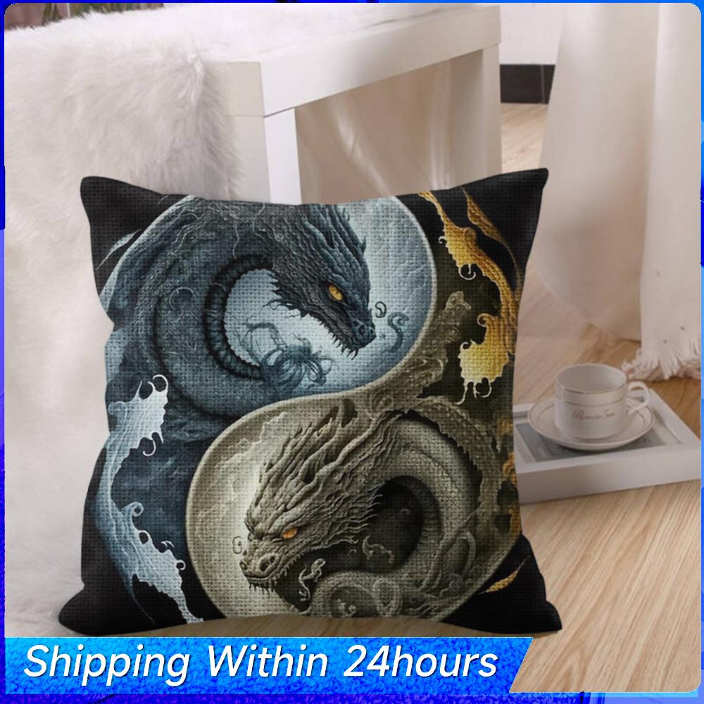 

17.72x17.72In Handicraft Embroidery Yarn Pillowcase Taiji Double Dragon Cushion Cross Stitch Creations Pillow Self-Embroidery China Mainland