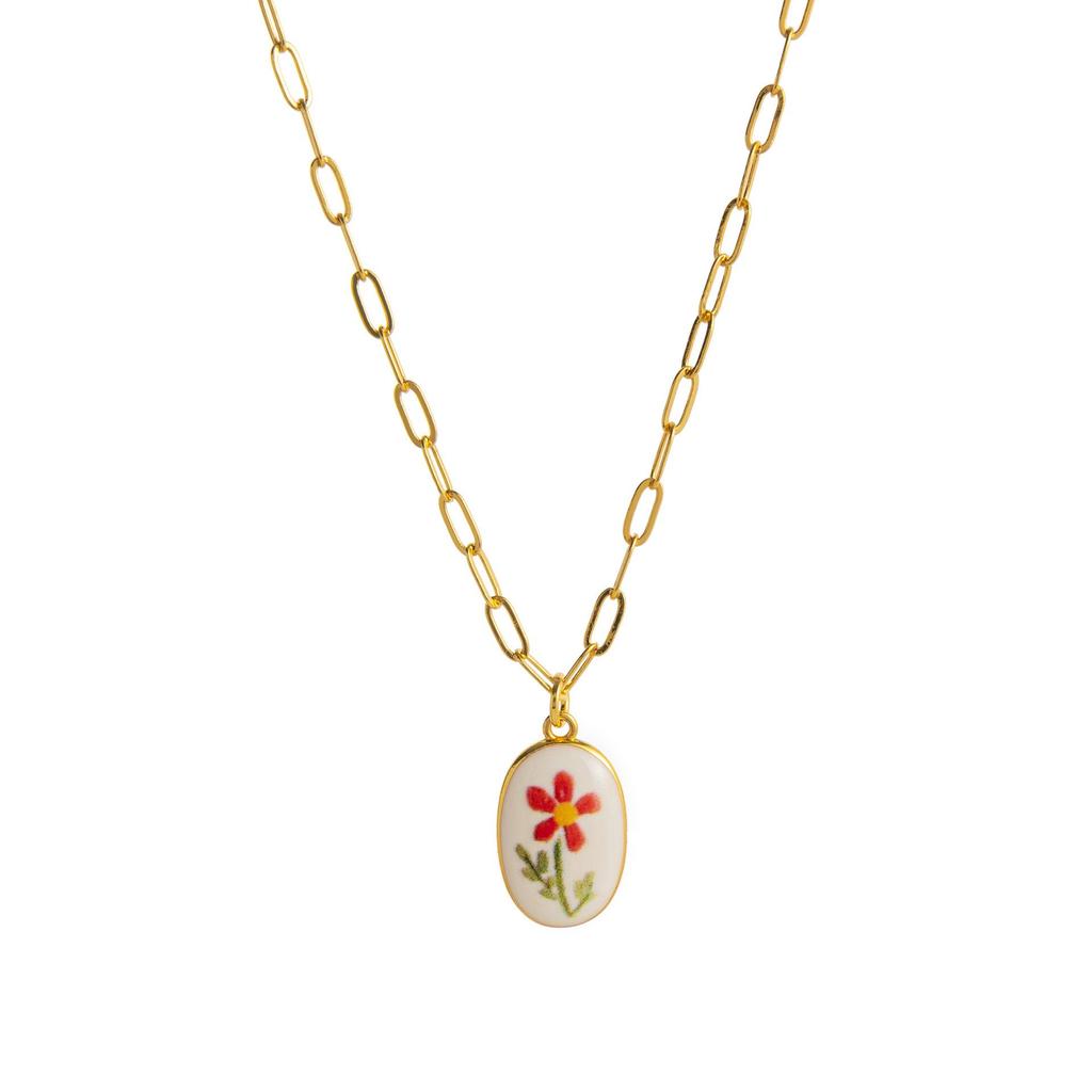 European-American Fresh Plant Series: Lemongrass & Strawberry Bow Pendant Necklace, Clavicle Chain Copper.