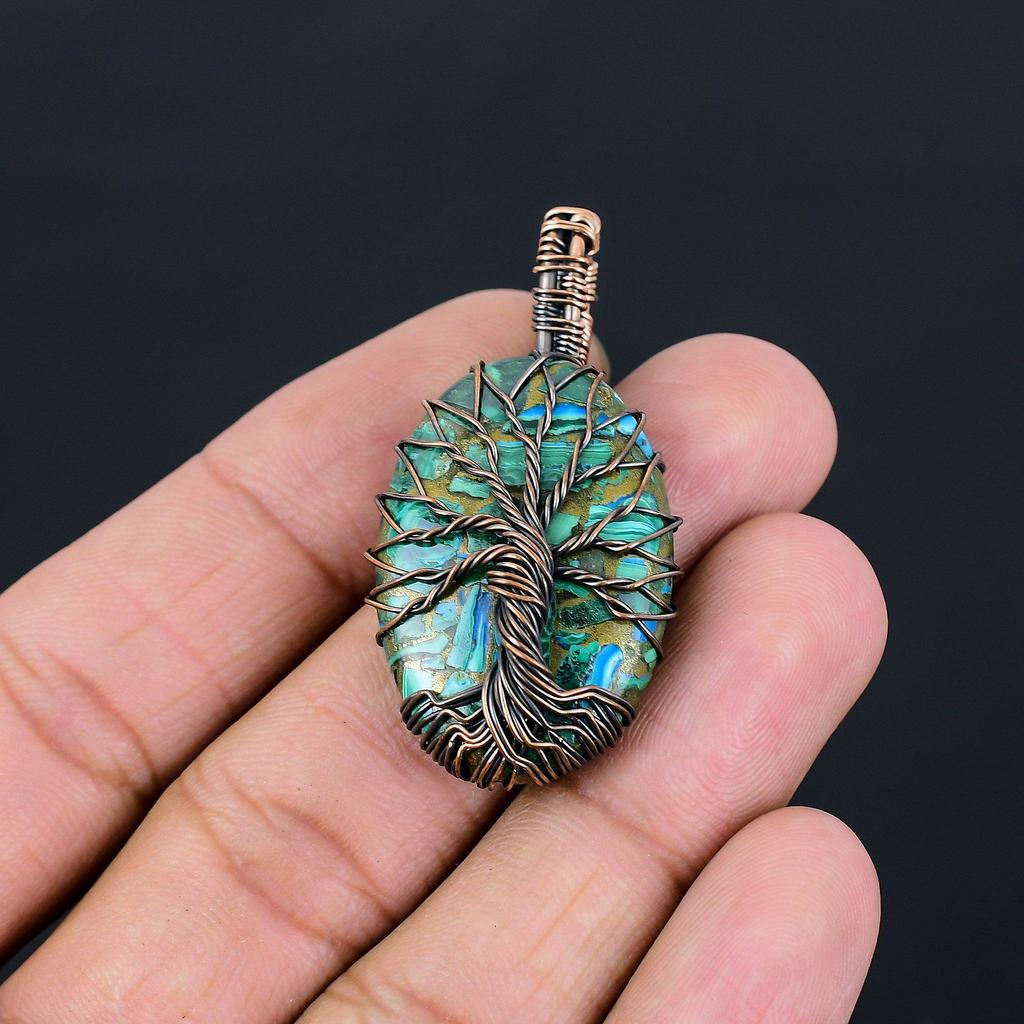 Tree Of Life Copper Rainbow Calsilica Gemstone Pure Copper Wire Wrapped Handmade Pendant Jewelry