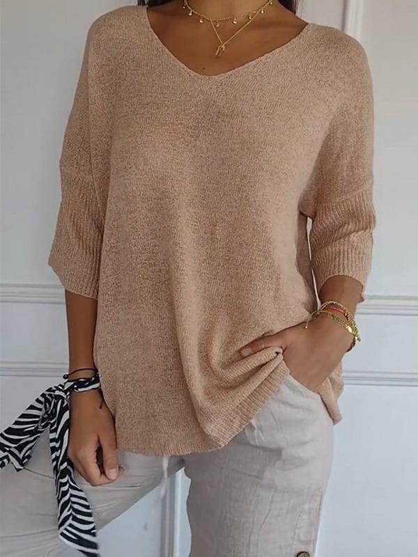 Women's Solid Color Slimming V-Neck Knit Sweaters - European & American Style, Three-Quarter Sleeves