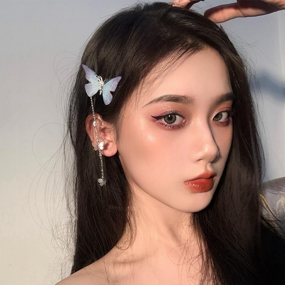 1 Pair Butterfly Hairpins New Korean Yarn Elegant Metal Tassel Long Hair Clips For Women Hanfu Antique Party Hair Accessories