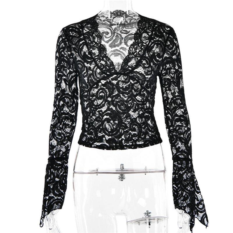 

Fashion Slim Fit V Neck Top Lace Shirt Black M