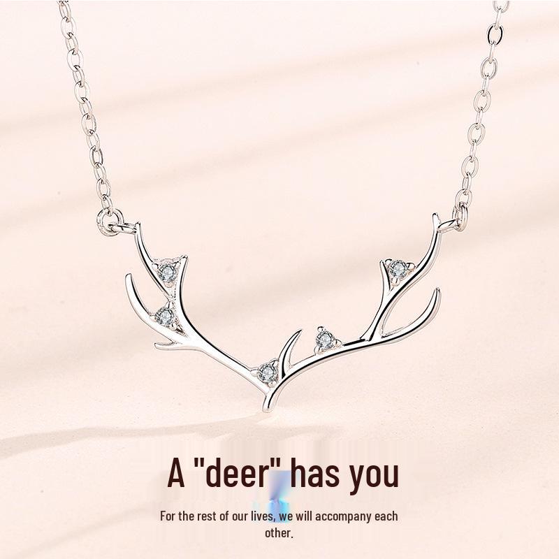 S925 Sterling Silver Reindeer Antler Pendant Necklace - Minimalist Christmas Jewelry for Women