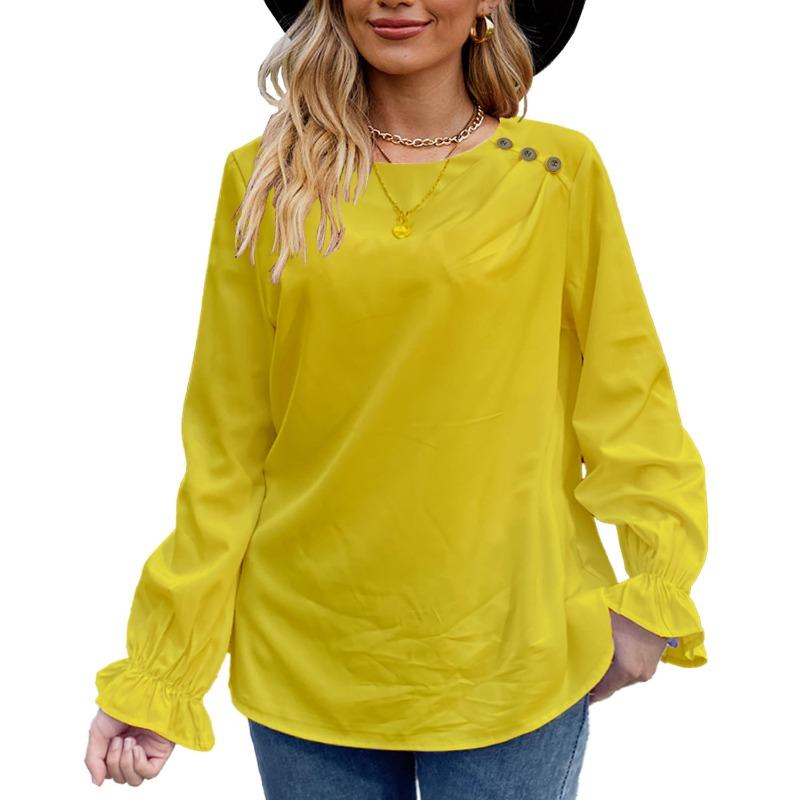 BITCED Women's Fashion Casual Solid Color Print Long Sleeve O Neck Blouses & Shirts