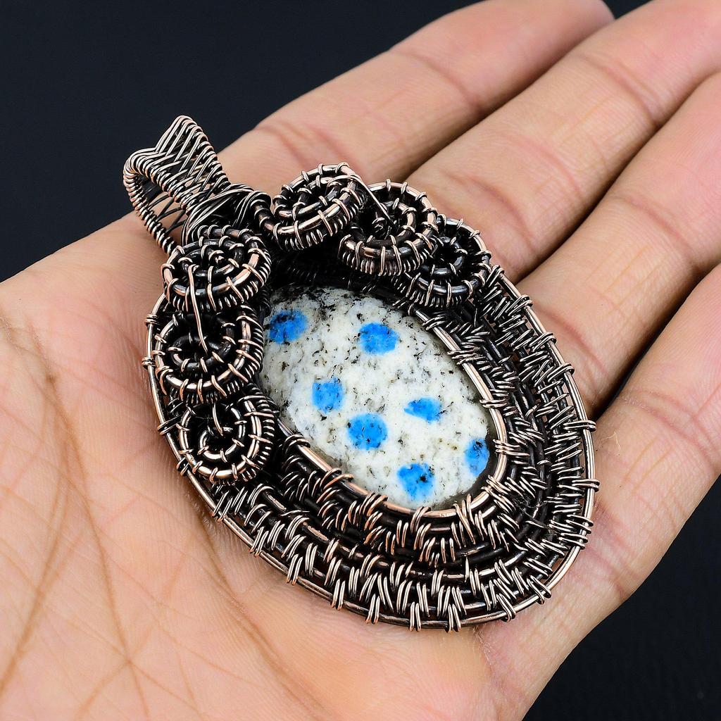 K2 Azurite Pendant, 999 Copper Wire Wrapped Gemstone Jewelry, Handmade Pendant, For Thanksgiving