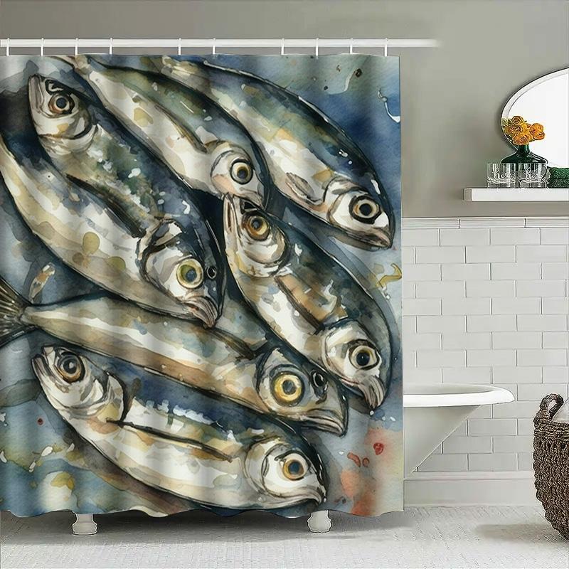 High-Quality Fish Painting Shower Curtain Waterproof Bathroom Decor Artistic Blue And White Print Home Decoration Wall Hanging