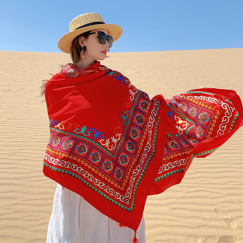 Sunscreen Shawl Women's Summer Thin Travel Big Scarf Desert Silk Scarf Ethnic Style Scarf Seaside Beach Scarf