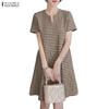 ZANZEA Women Casual V-neck Summer Grid Print Short Sleeve Dress