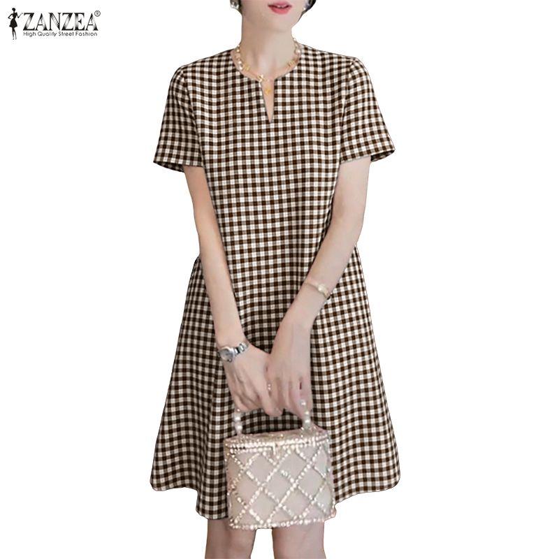 ZANZEA Women Casual V-neck Summer Grid Print Short Sleeve Dress