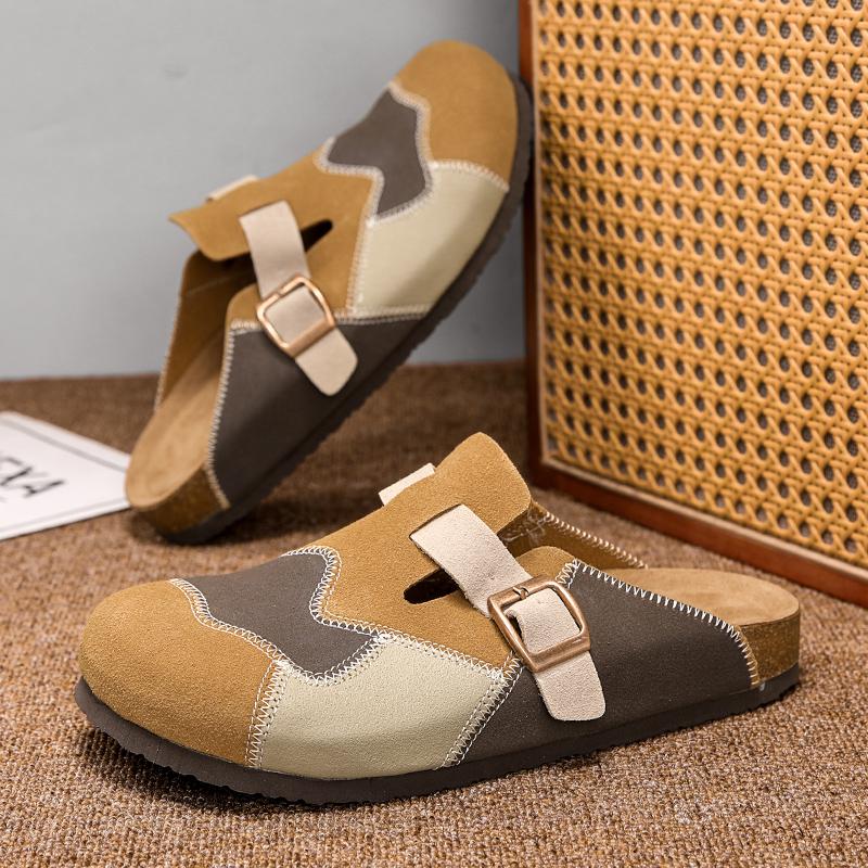 

Качественные мужские мюли из коровьей замши, коричневые, прошитые, полуботинки для мужчин, домашняя платформа, мужские пробковые тапочки, с закрытым носком, парные повседневные сандалии 36