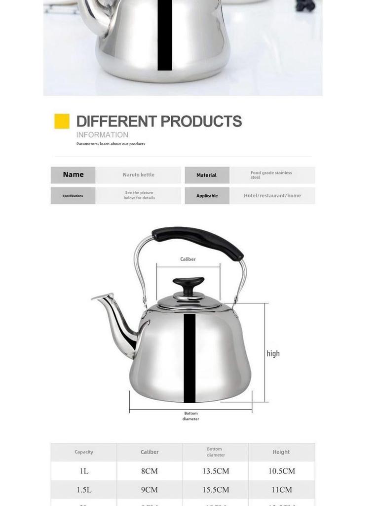 Fortykket rustfritt stål lydkjel for husholdningsgass- og induksjonskomfyrer, stor kapasitet