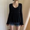 Women's Lace Trim Peplum Blouse V-Neck Long Sleeve Flare Sleeve Top