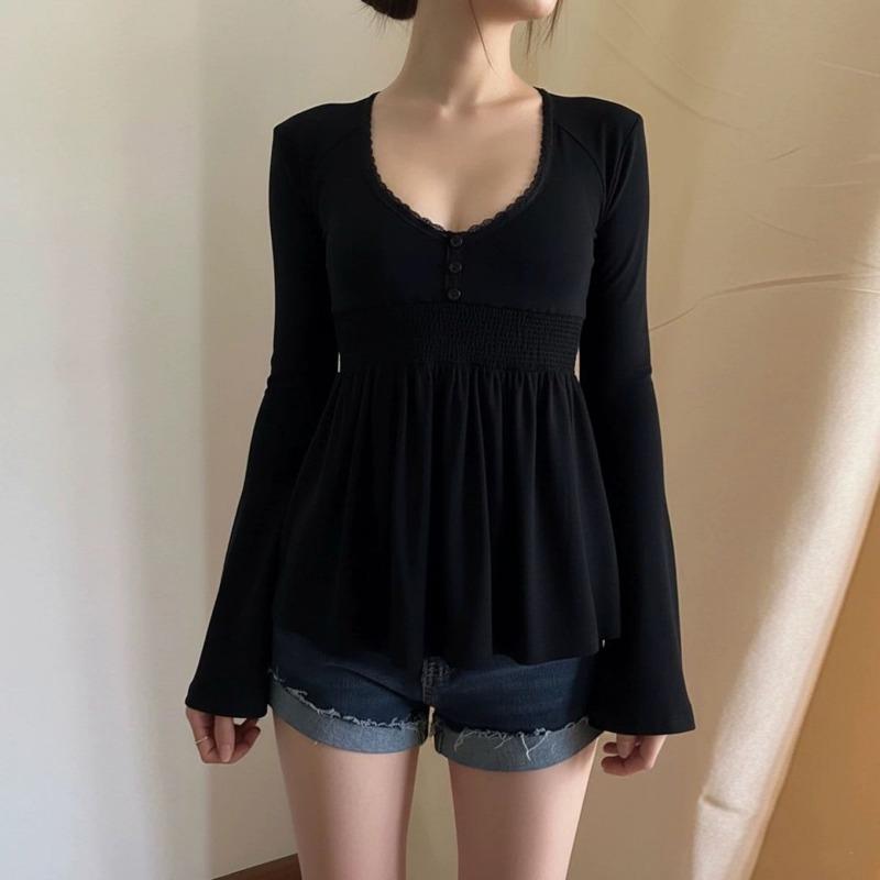 Women's Lace Trim Peplum Blouse V-Neck Long Sleeve Flare Sleeve Top
