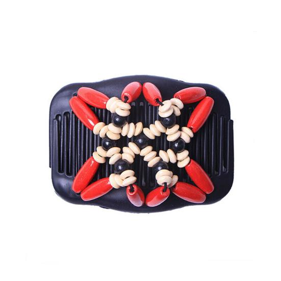 Women Vintage Wooden Beads Magic Hair Comb Hairpin Clip Double Slide Headwear