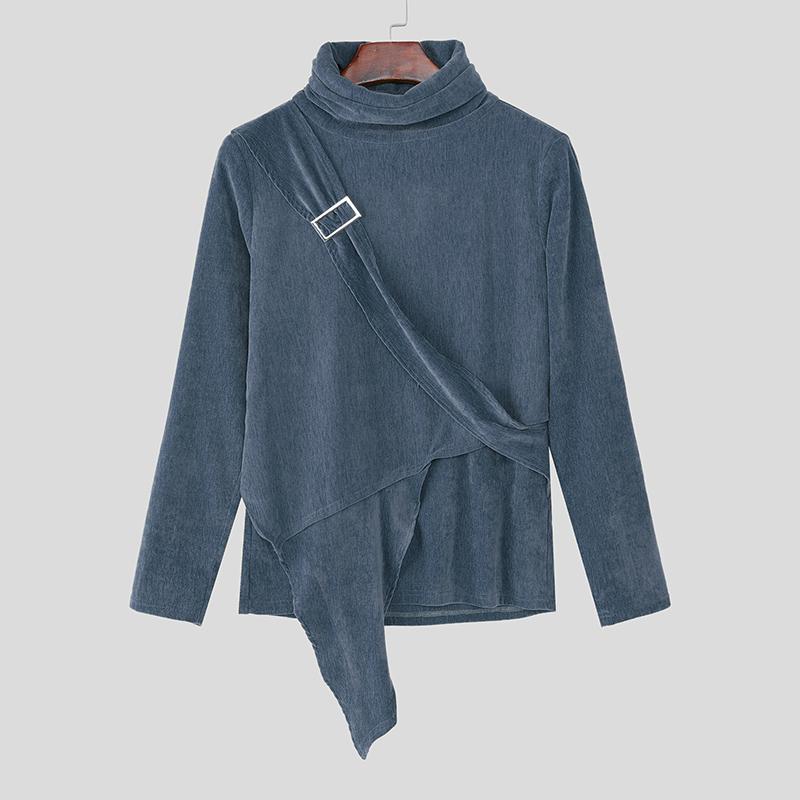 

INCERUN Autumn Men Casual Turtleneck Long Sleeve Ruffled Irregular Layers T-shirts Undershirts 3XL синий
