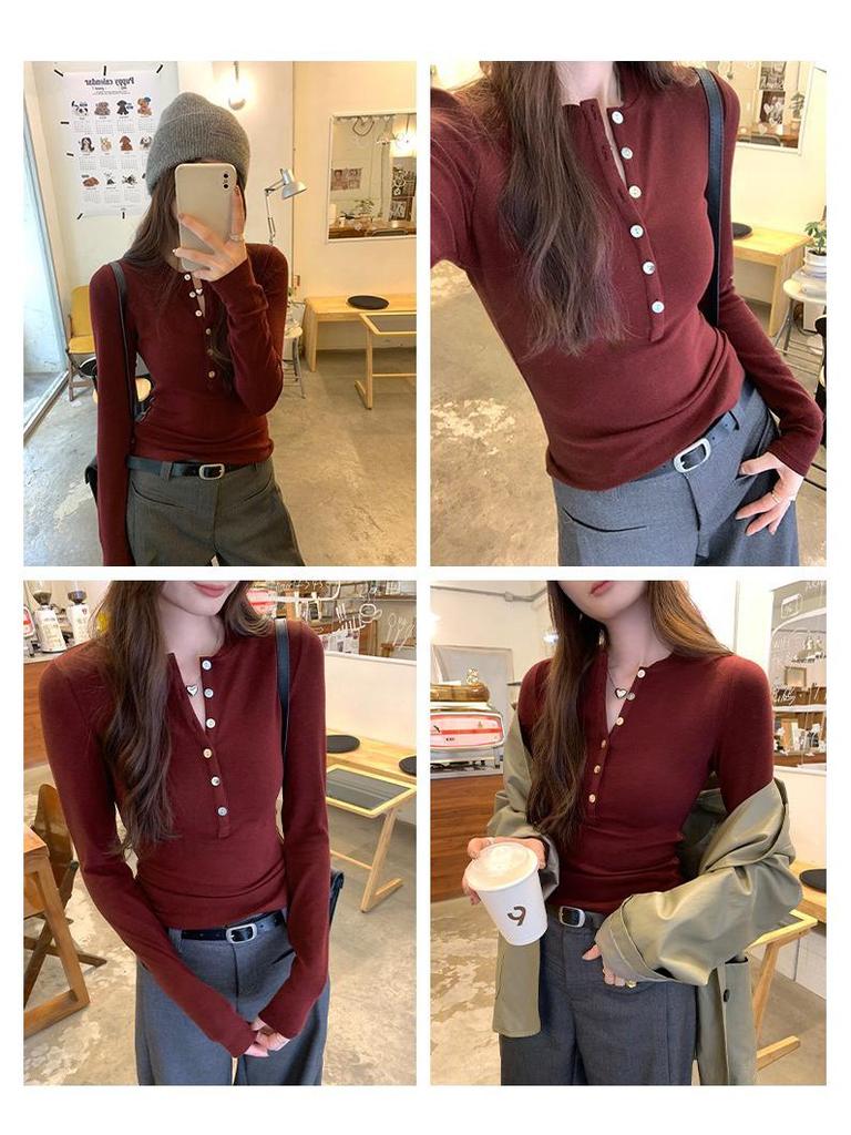 Women's Wine Red Button-Up Henry Collar T-Shirt - Spring/Autumn Waist-Cinching Long Sleeve 2026