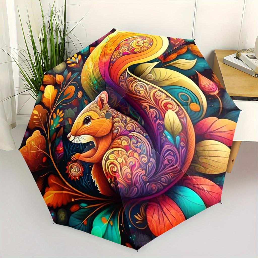 1pc Vibrant Squirrel Art Umbrella - Automatic Folding, 8-Rib Design, Colorful Floral & Leaf Pattern, Portable & Foldable for O
