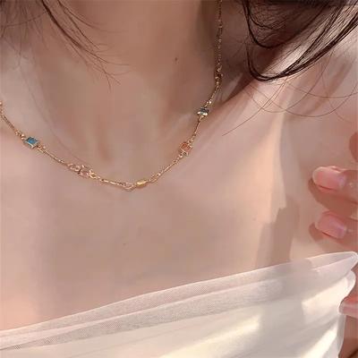 Good Square and Minimalist Fashion Fine Clavicle Chain Colored Stone Women's Light Luxury Gifts Women Necklace Wear Daily Accessorize