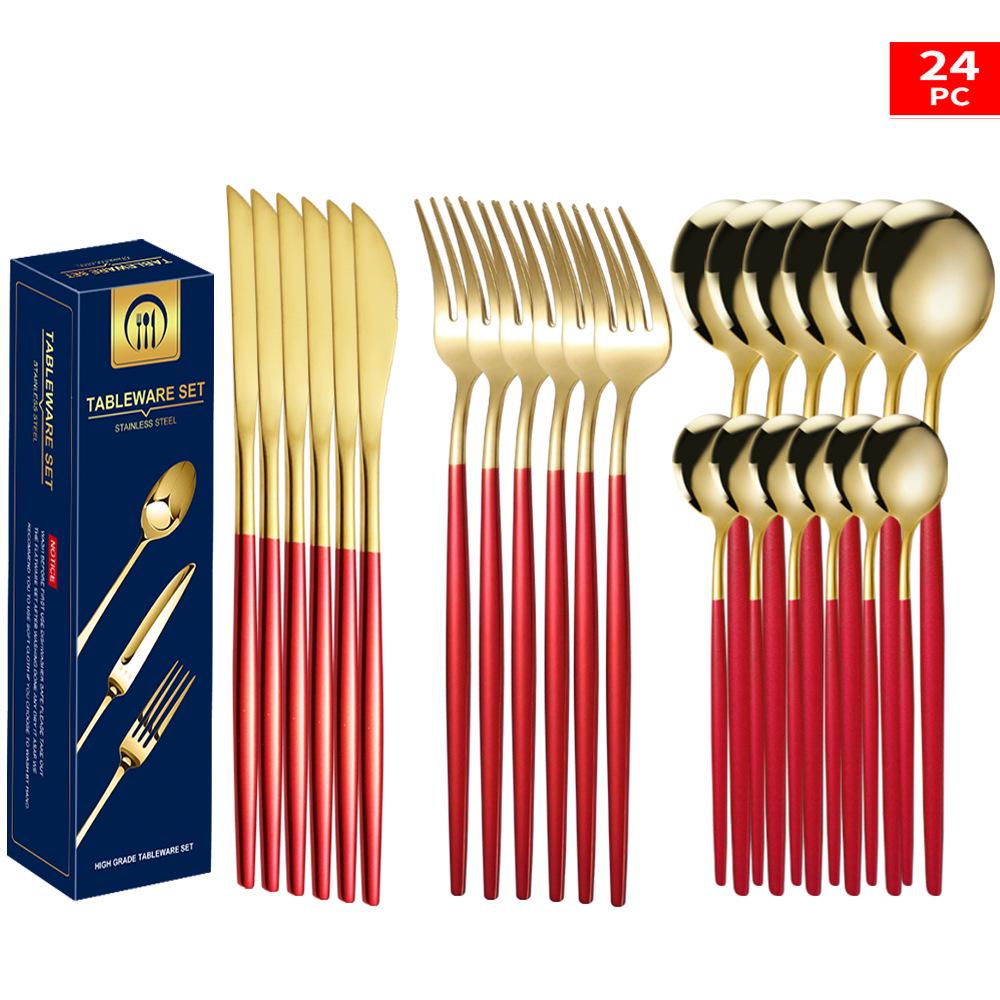 Set tacâmuri din oțel inoxidabil Portugal Gold, 24 de piese: Cuțit de Steak, Furculiță, Lingură de Hotel în Cutie Cadou