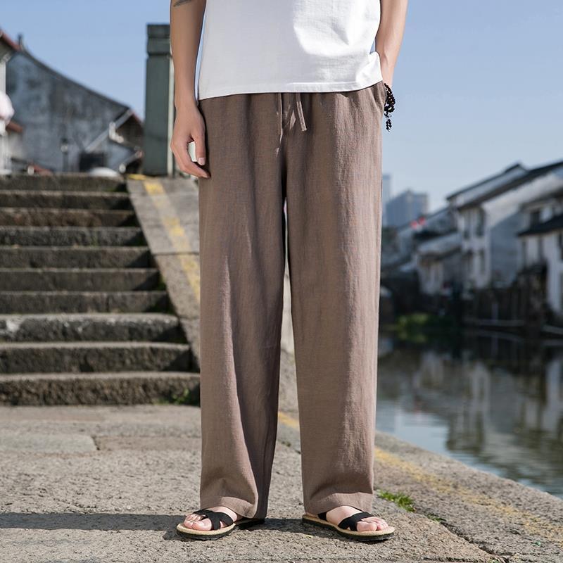 Chinese Style Men's Ramie Cotton Linen Trousers - Loose Plus Size, Straight Leg, Casual Tang Suit for Middle-Aged and Elderly, Spring/Summer.