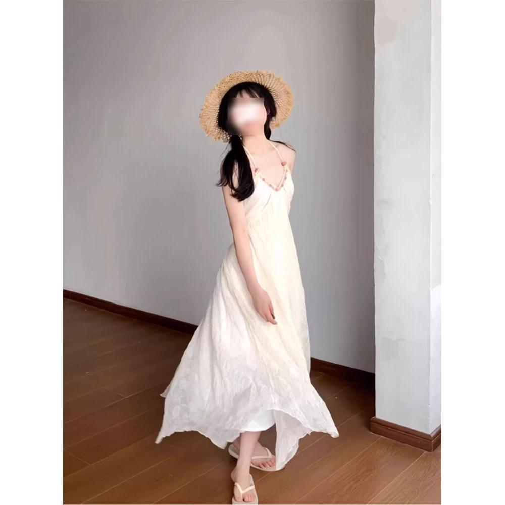 

Элегантное летнее платье халтер без спины для женщин - Французский стиль для отпуска на море, Повседневное, Высококлассное длинное белое платье XL-(fits 55-60kg)