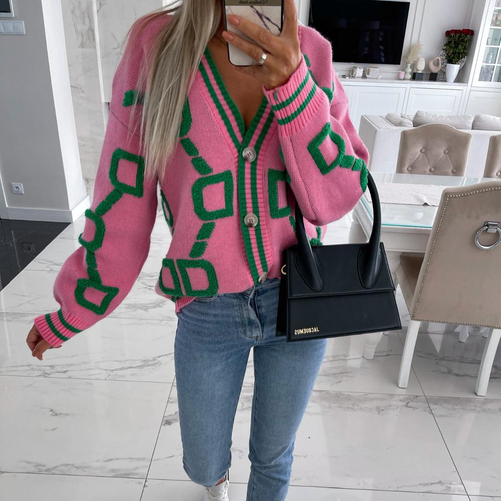 Damen Freizeit Kontrastfarbe Pullover Langarm V-Ausschnitt Strick Cardigan Mantel Oberbekleidung