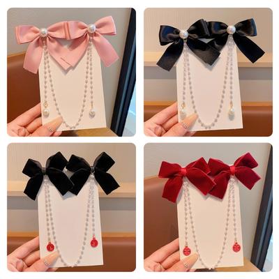 Little Girl Hair Clip with Double Bowknot Long Pearls Tassels Hair Barrettes Side Hairpin for Children Everyday Wear