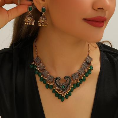 Vintage Indian Temperament Necklace Earrings Set Fringed Collarbone Chain Necklace Set Pendant Court Style Set