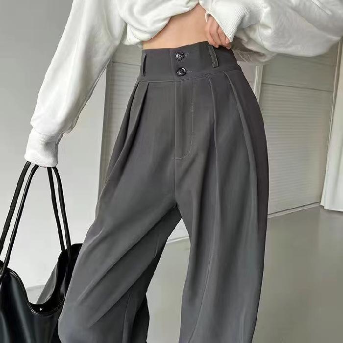 Women's Double Breasted Solid Color Suit Pants High Waisted Draped Slim Fit Wide Leg Pants
