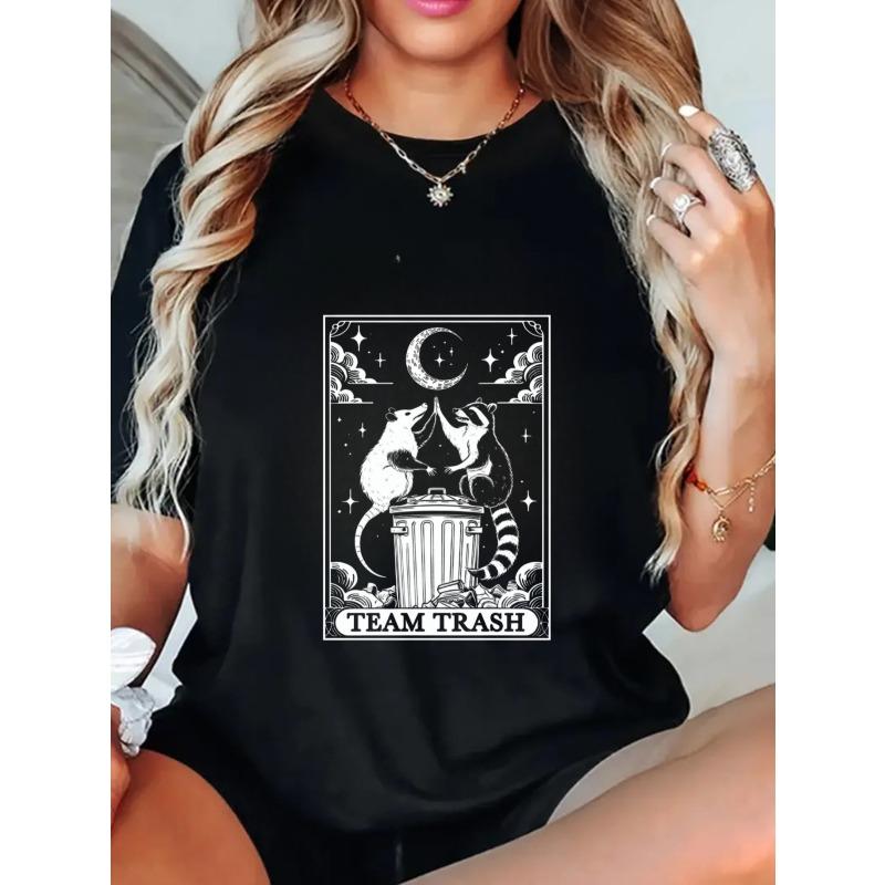 Oversized T Shirt Black Rat And Cat On Trash Can With Moon Stars And Team Trash Text Graphic Print Casual Streetwear For Women