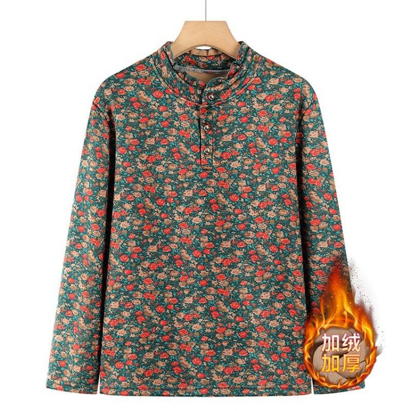 

Autumn and winter new thickened floral bottom top long sleeve velvet warm medium and old loose inside 5XL [recommended 150-80kg] зелёный