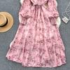 Autumn Elegant Dresses for Women Long Puff Sleeve Stand Collar Lapel Single Chiffon Floral Print Vestidos Skinny Dress Dropship