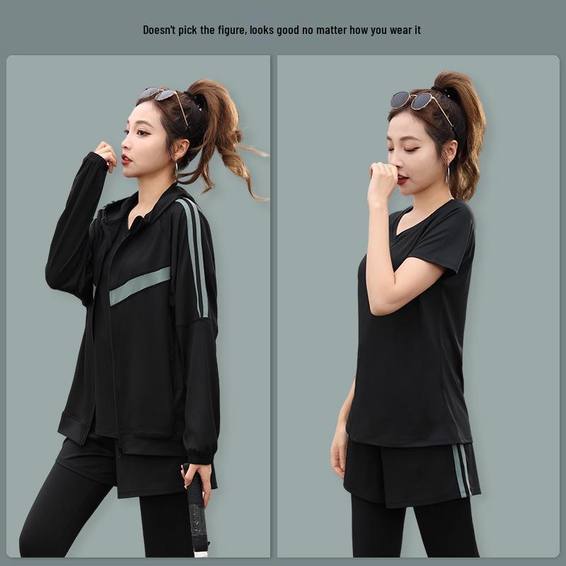 Plus Size Yoga Fitness Suit: Tummy Control Slimming, Loose-Fit, Five-Piece Set for Running and Gym, fits up to 200 lbs.