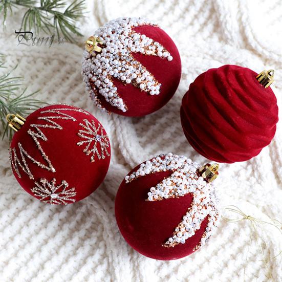4 Stück Weihnachtskugeln, Ornamente, bruchsicher, 6/8 cm, glänzende Strasssteine/Kunstperle, rote Kunststoffkugel für Feiertagsparty-Szenen-Layout, Weihnachtsbaum