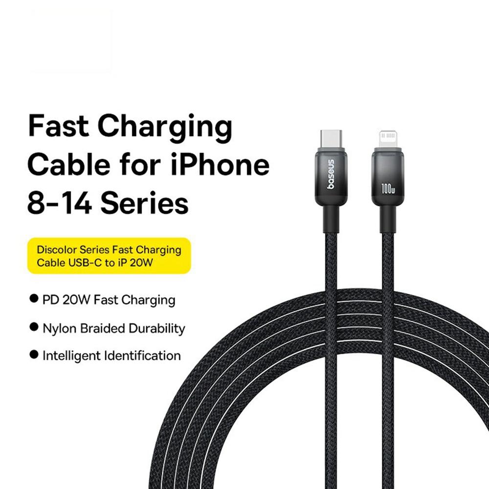 

BASEUS Discolor Series 2m Fast Charging Cable Type-C to iP 20W Nylon Braided Data Cord Black
