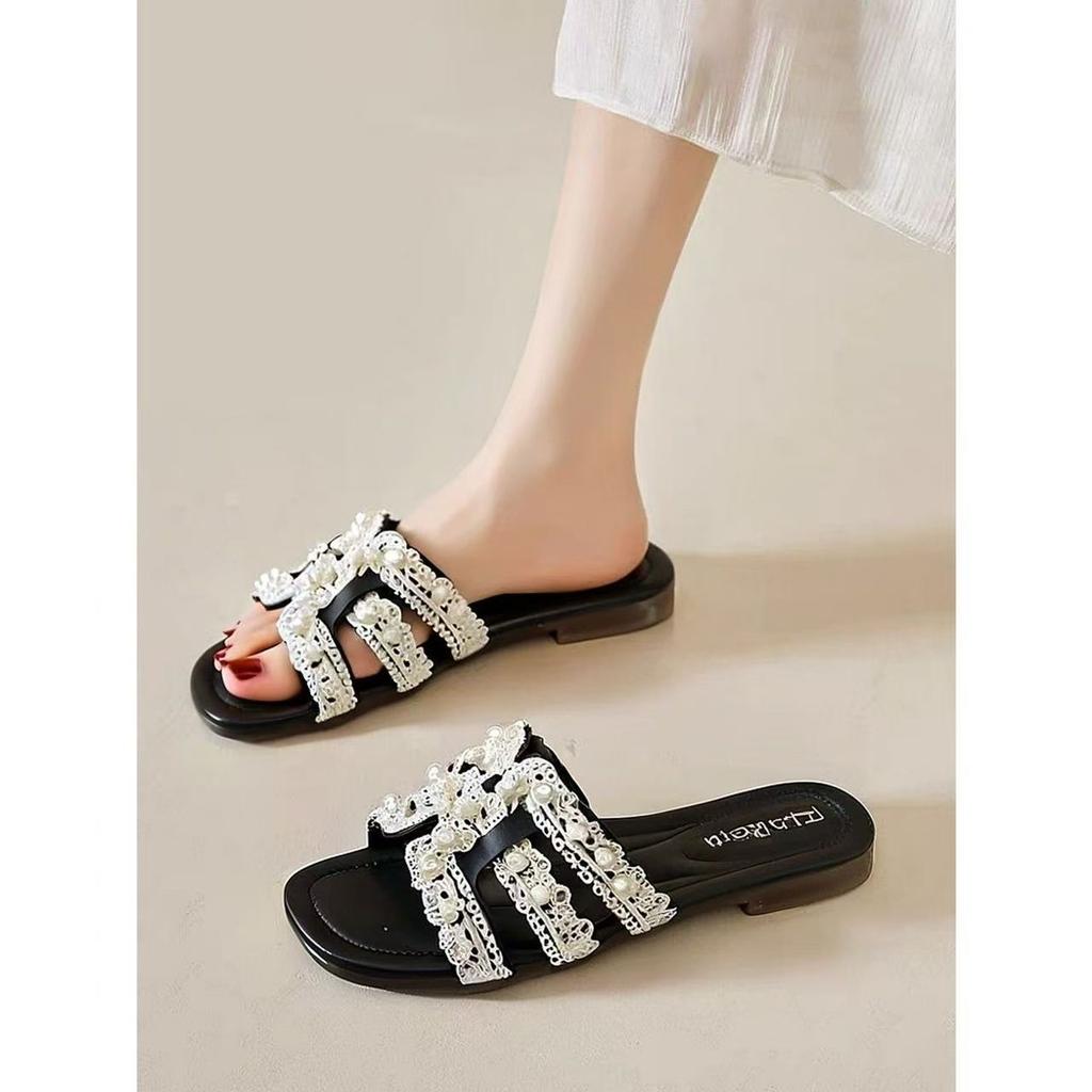 Popular Seaside Pearl Drag Girl Summer 2025 Outer Wear Small Fragrant Wind Flat Bottom One Word Drag Fairy Wind Niche Beautiful Cool