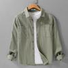 Spring/Autumn 100 Cotton Mens Long Sleeved Shirts Daily Casual Tops Turn Down Collar Double Pockets Green Shirt Korean Retro Style Men Clothing