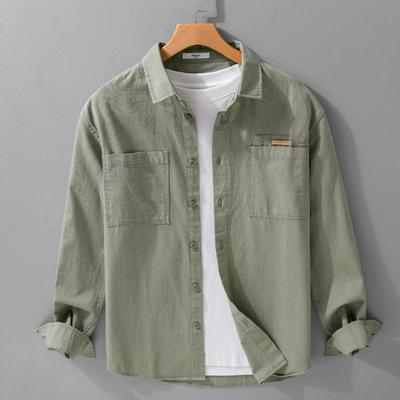 Spring/Autumn 100 Cotton Mens Long Sleeved Shirts Daily Casual Tops Turn Down Collar Double Pockets Green Shirt Korean Retro Style Men Clothing