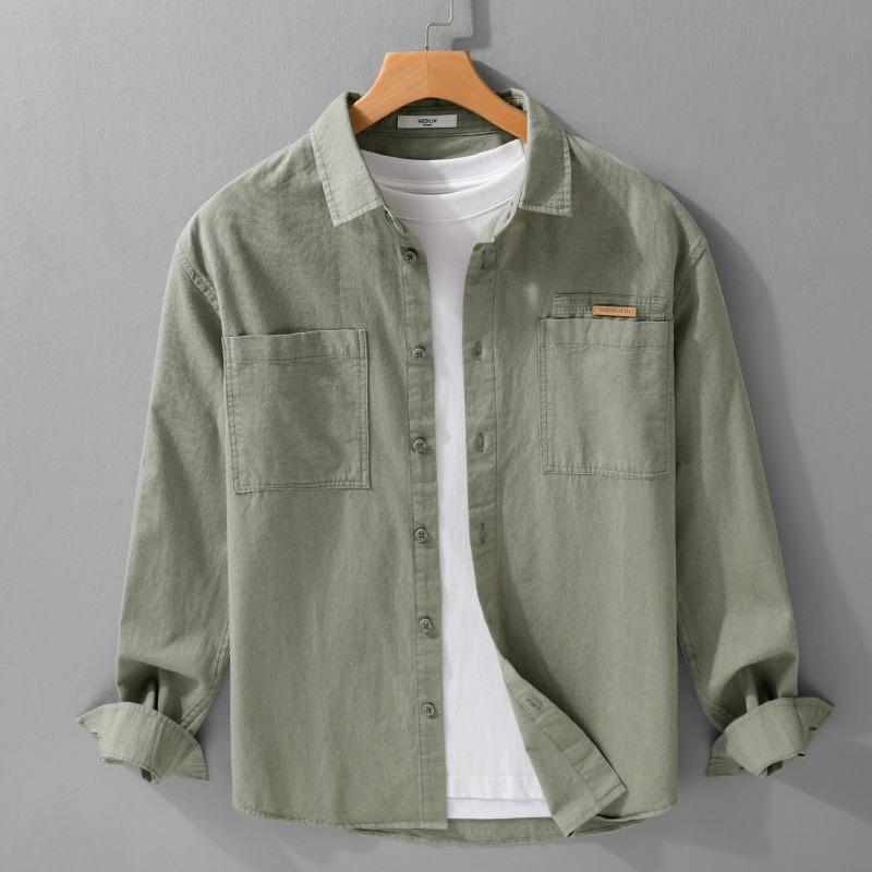 Spring/Autumn 100 Cotton Mens Long Sleeved Shirts Daily Casual Tops Turn Down Collar Double Pockets Green Shirt Korean Retro Style Men Clothing
