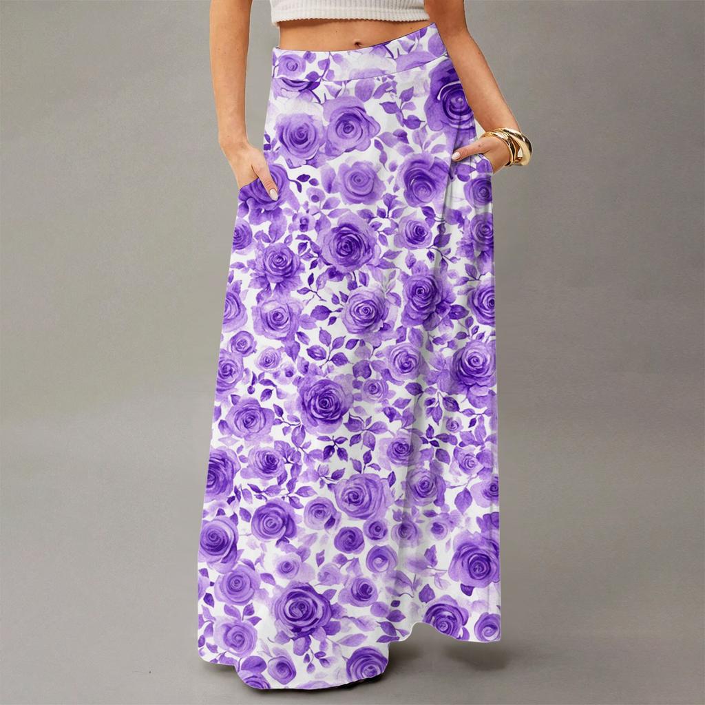 Damen Lässig Freizeit Faltbar Blumenmuster Hohe Taille Mit Tasche Drapierter Entspannter Langer Maxi-Rock