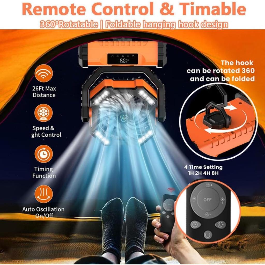 20000mAh Rechargeable Portable Camping Fan, Tent Fans with LED Lantern, 4 Wind Speeds, 4 Timer Modes, Desk Fan w/Remote, 360° Rotation Hook