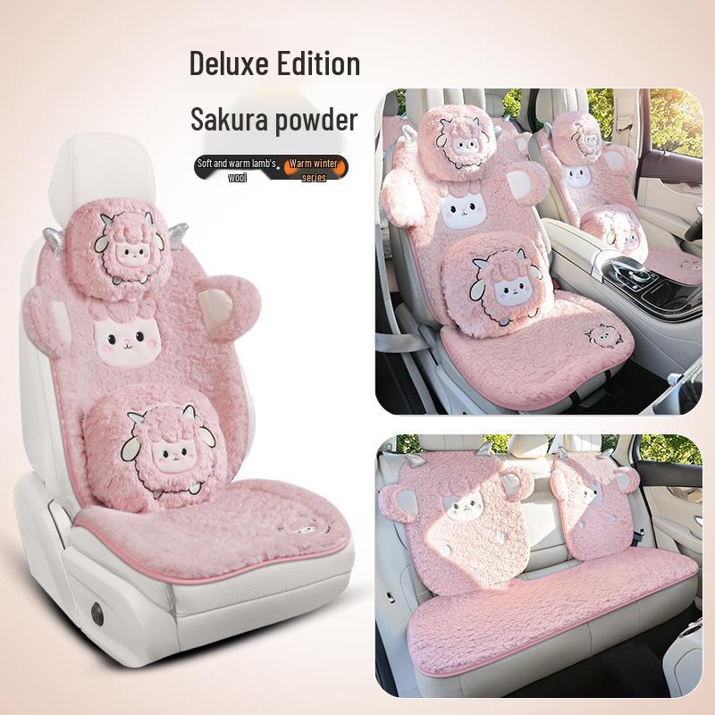 Women's Cute Cartoon Plush Winter 3-Piece Car Seat Cushion Set for Five-Seat Vehicles